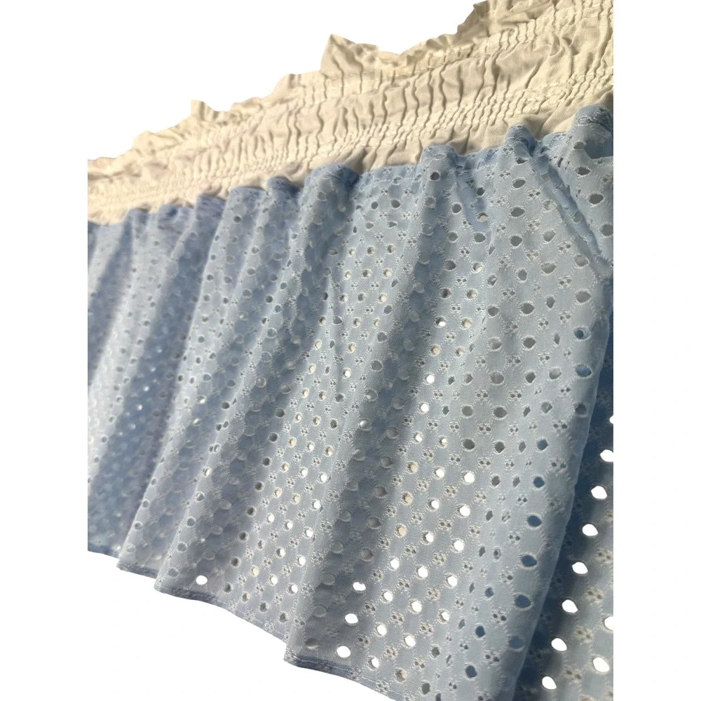 Vintage Baby Blue & White Ruffled Valance 1 Single Short Curtain Eyelets Cottage